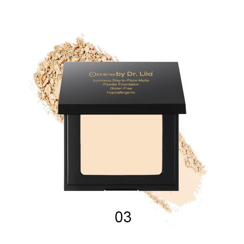 EpiLynx Hydrating Powder Foundation in a compact with a sponge, showcasing its matte finish and available shades.