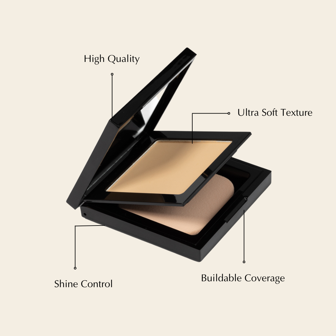 EpiLynx Hydrating Powder Foundation in a compact with a sponge, showcasing its matte finish and available shades.