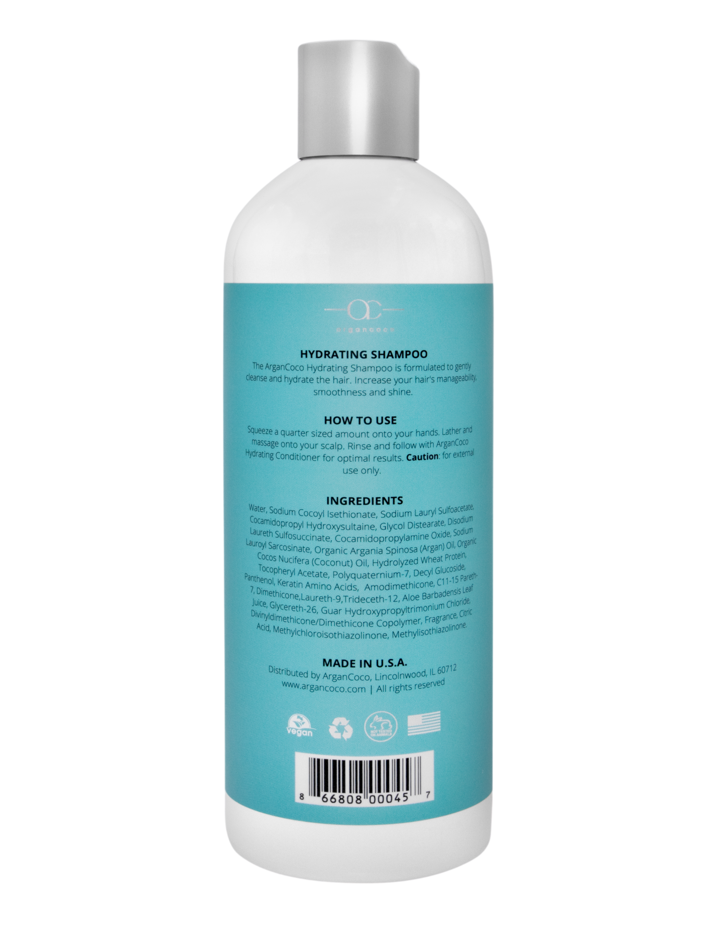 Bottle of ArganCoco Hydrating Shampoo with a sleek design, showcasing its moisturizing properties and natural ingredients.