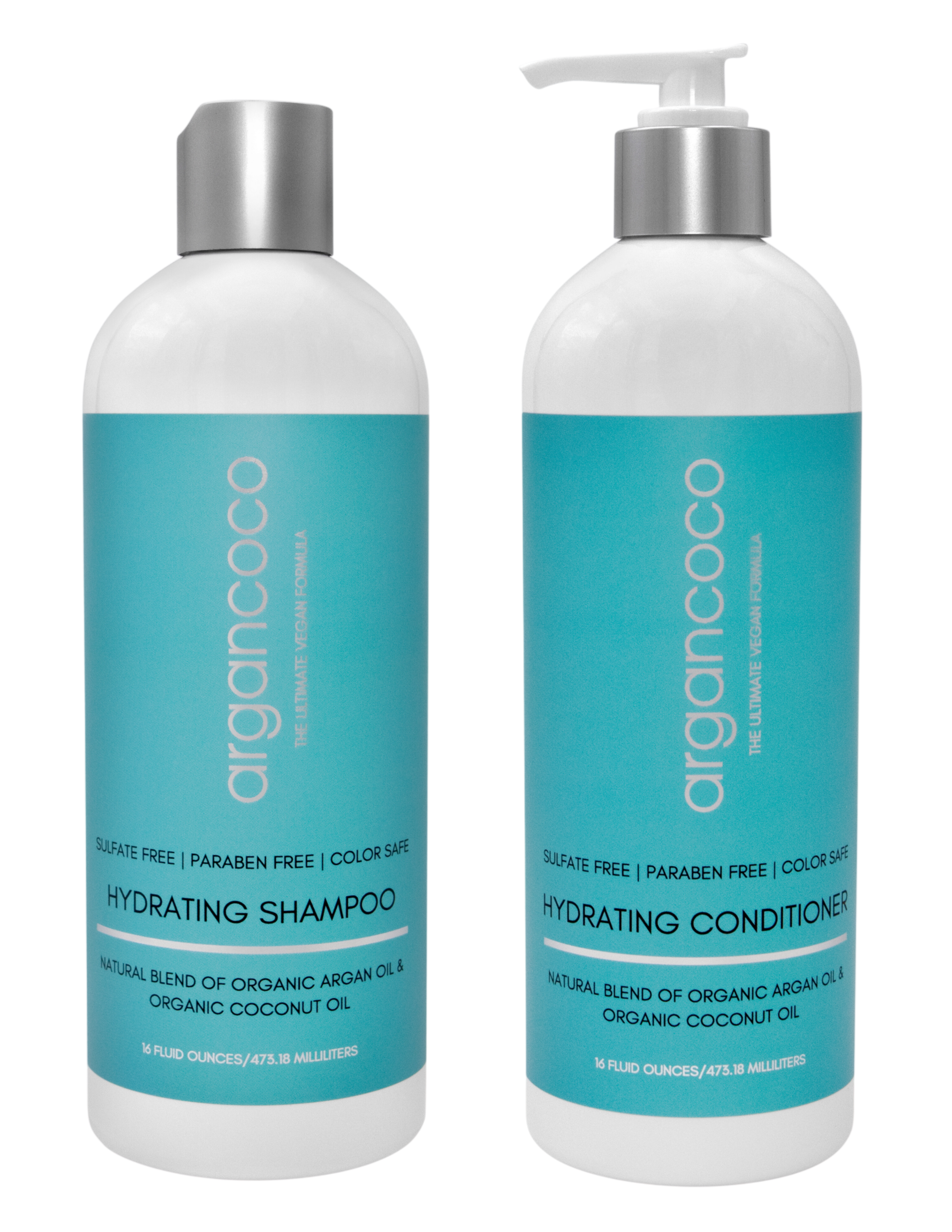 ArganCoco Hydrating Shampoo and Conditioner bundle featuring organic argan and coconut oils for hair hydration.