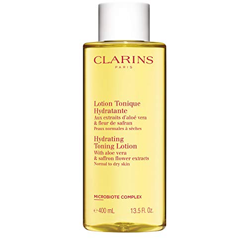 Clarins Hydrating Toning Lotion bottle with a sleek design, showcasing its refreshing formula for all skin types.