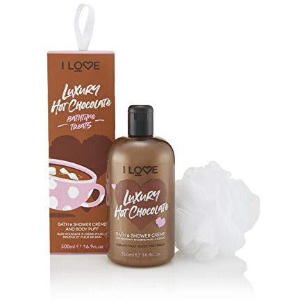 I Love...Chocolate Bathtime Treats Gift Set featuring 500ml bath & shower crème and a body puff, beautifully packaged for gifting.