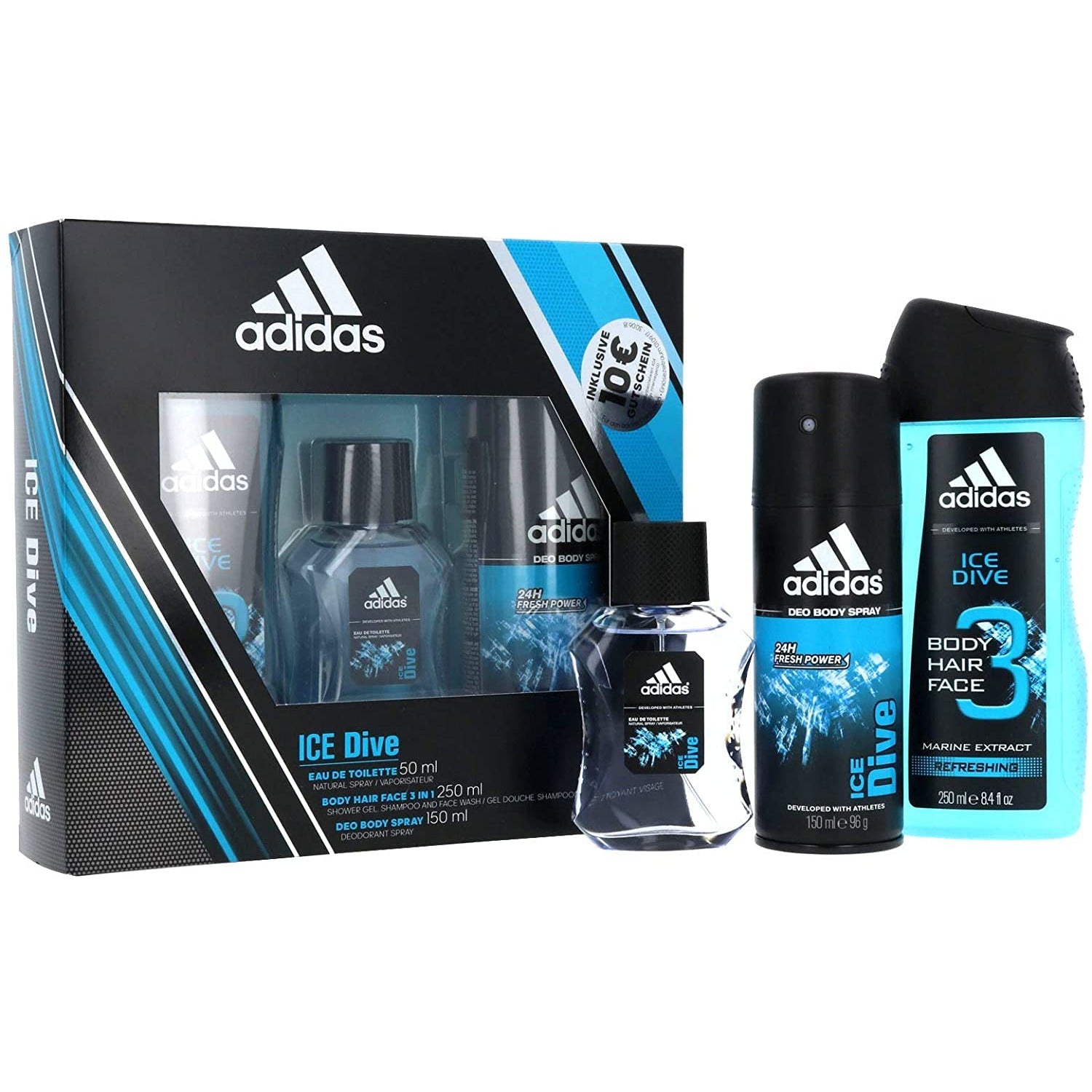 Adidas Ice Dive Gift Set featuring 50ml aftershave and 50ml deodorant roll-on in stylish packaging.