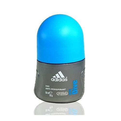 Adidas Ice Dive Roll On Deodorant bottle with a sleek design, showcasing its refreshing scent and easy roll-on application.