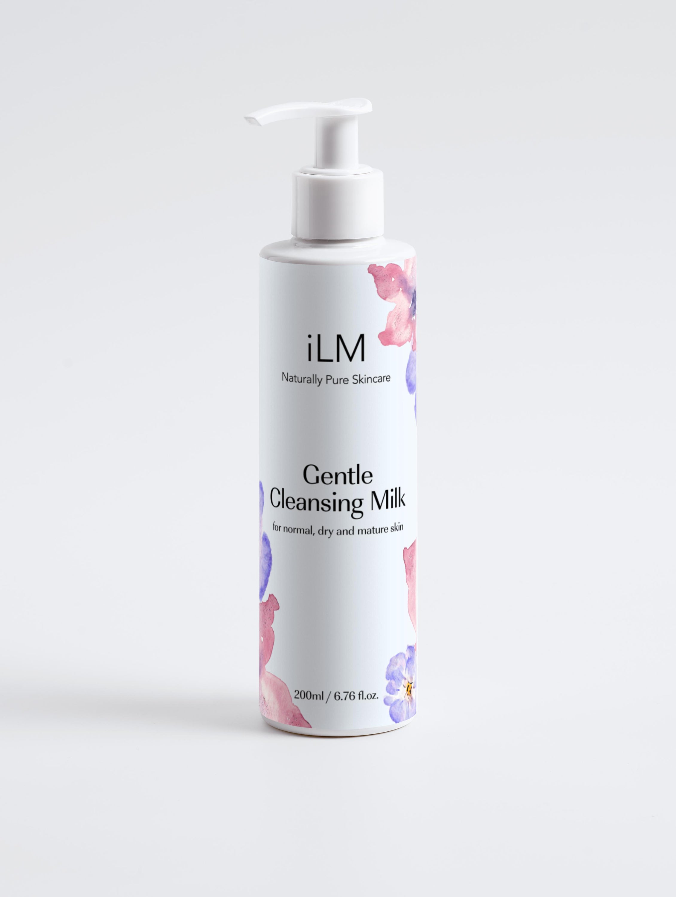 A bottle of iLM Gentle Cleansing Milk with a sleek design, showcasing its vegan and organic skincare benefits for dry skin.