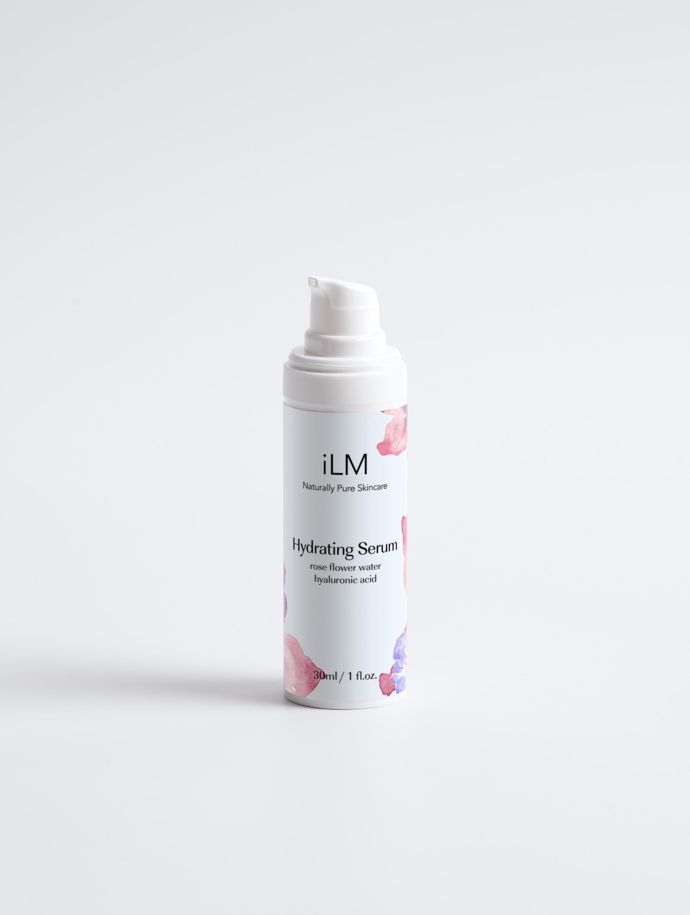 iLM Hydrating Serum bottle with a sleek design, showcasing its nourishing ingredients and vegan formula.