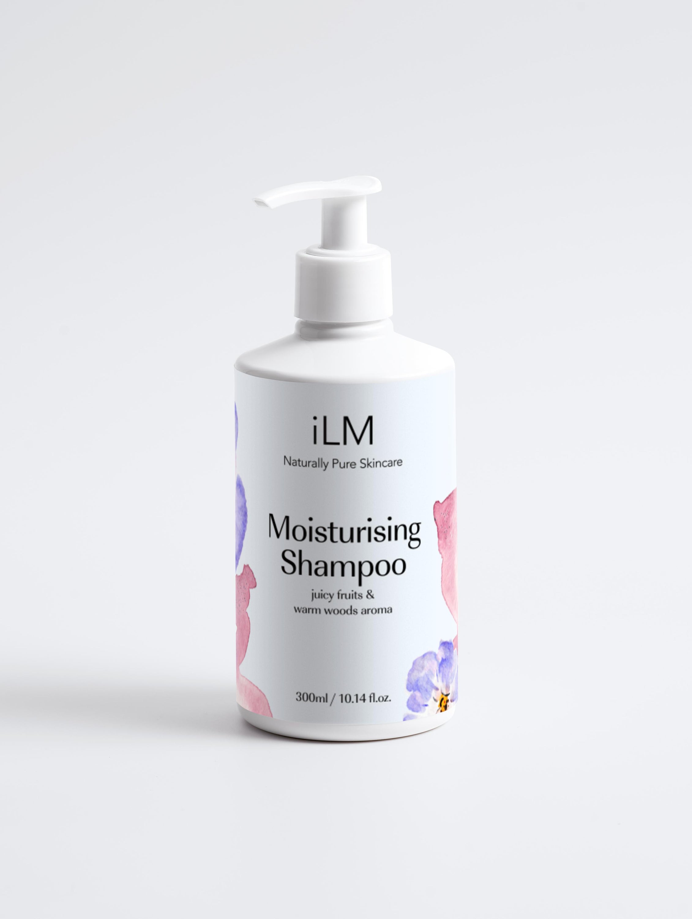 Bottle of iLM Moisturising Shampoo with a sleek design, showcasing its natural ingredients and hydrating properties.