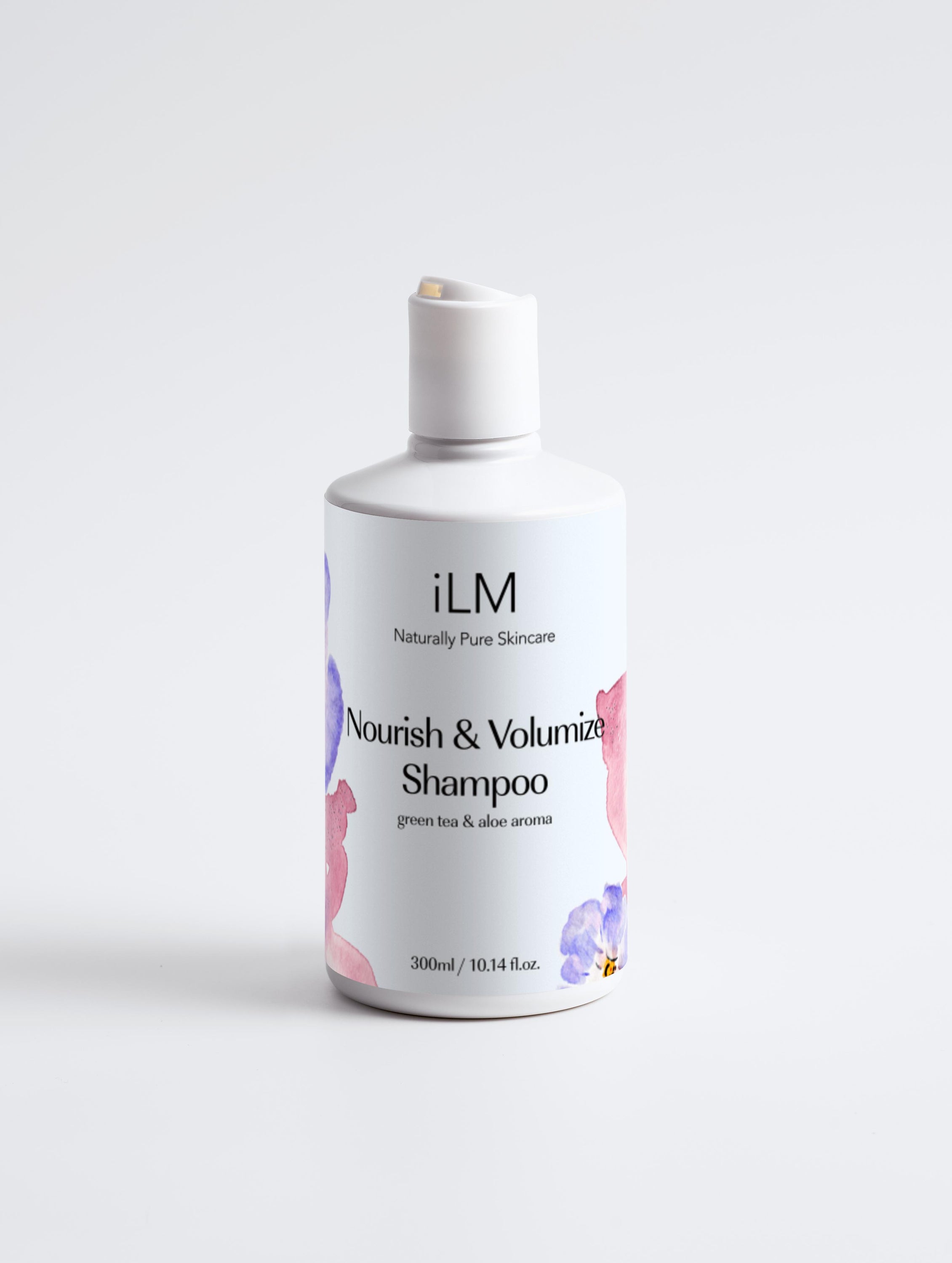 Bottle of iLM Nourish and Volumize Shampoo with a sleek design, showcasing its organic ingredients and 300ml size.