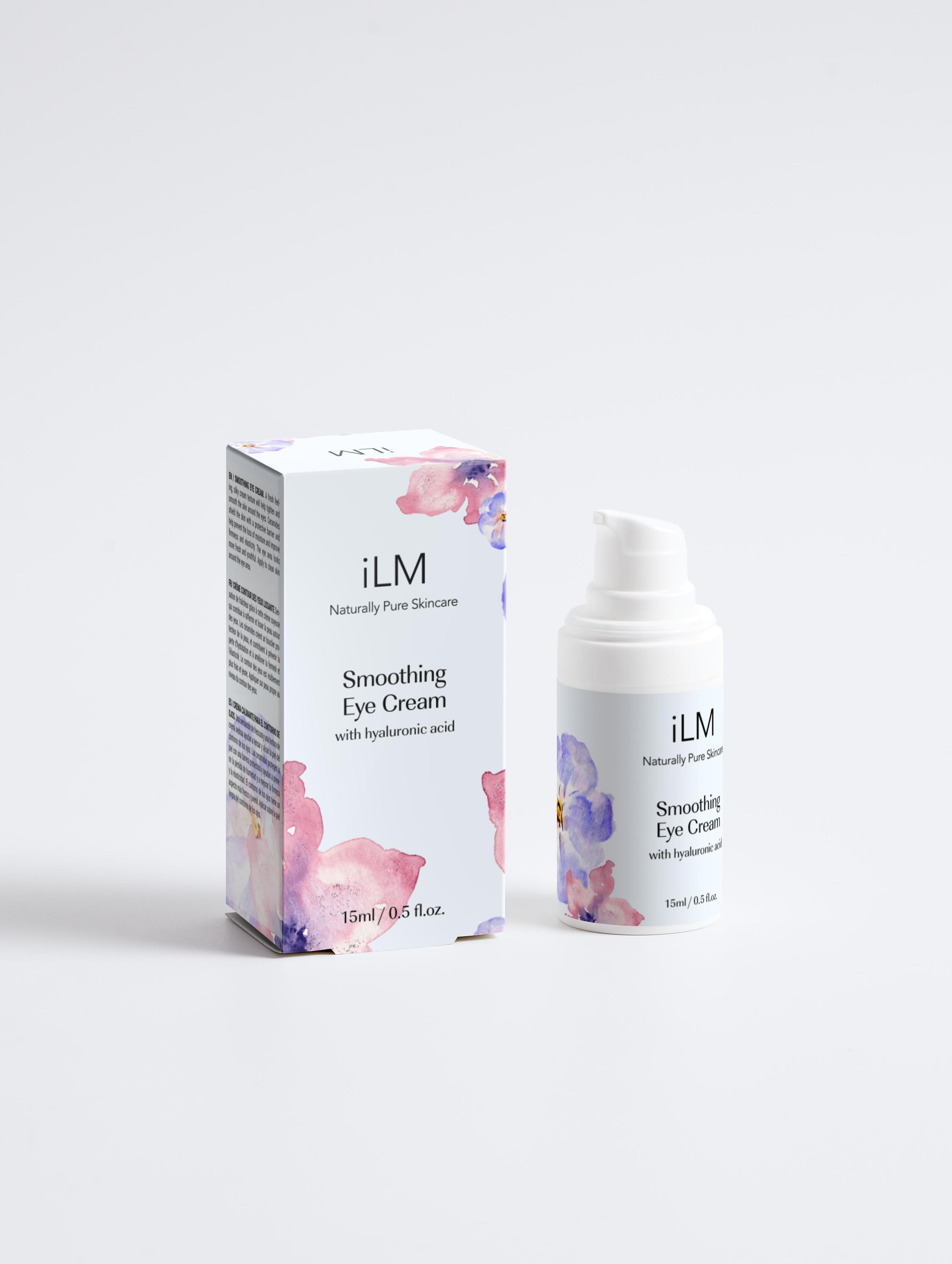 iLM Smoothing Eye Cream in a sleek jar, showcasing its silky texture and natural ingredients for brightening and hydrating the eye area.