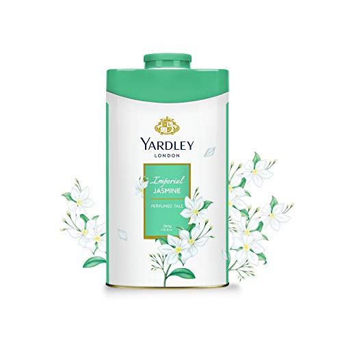 Yardley Imperial Jasmine Perfumed Talc container with floral design, showcasing its luxurious jasmine scent.