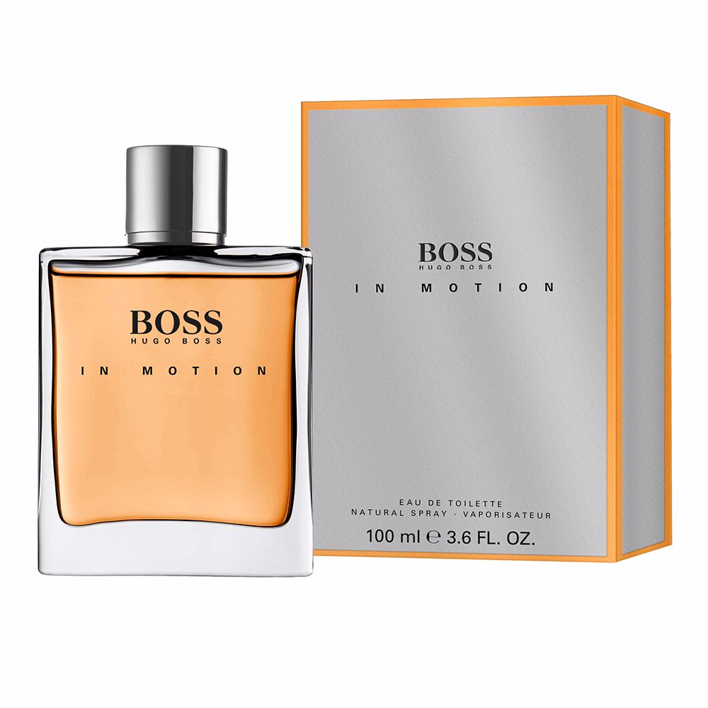 Boss In Motion Eau de Toilette bottle showcasing its sleek design and vibrant colors, symbolizing energy and ambition.