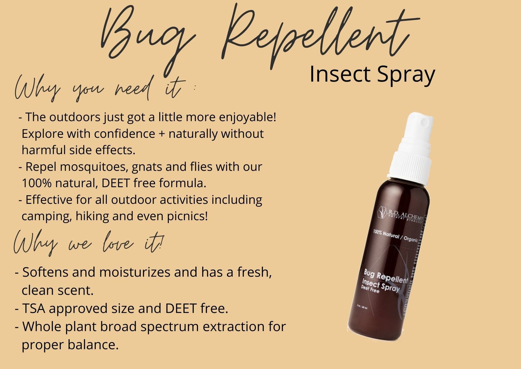 A bottle of natural insect repellent spray with a fresh scent, designed to keep mosquitoes and bugs away during outdoor activities.