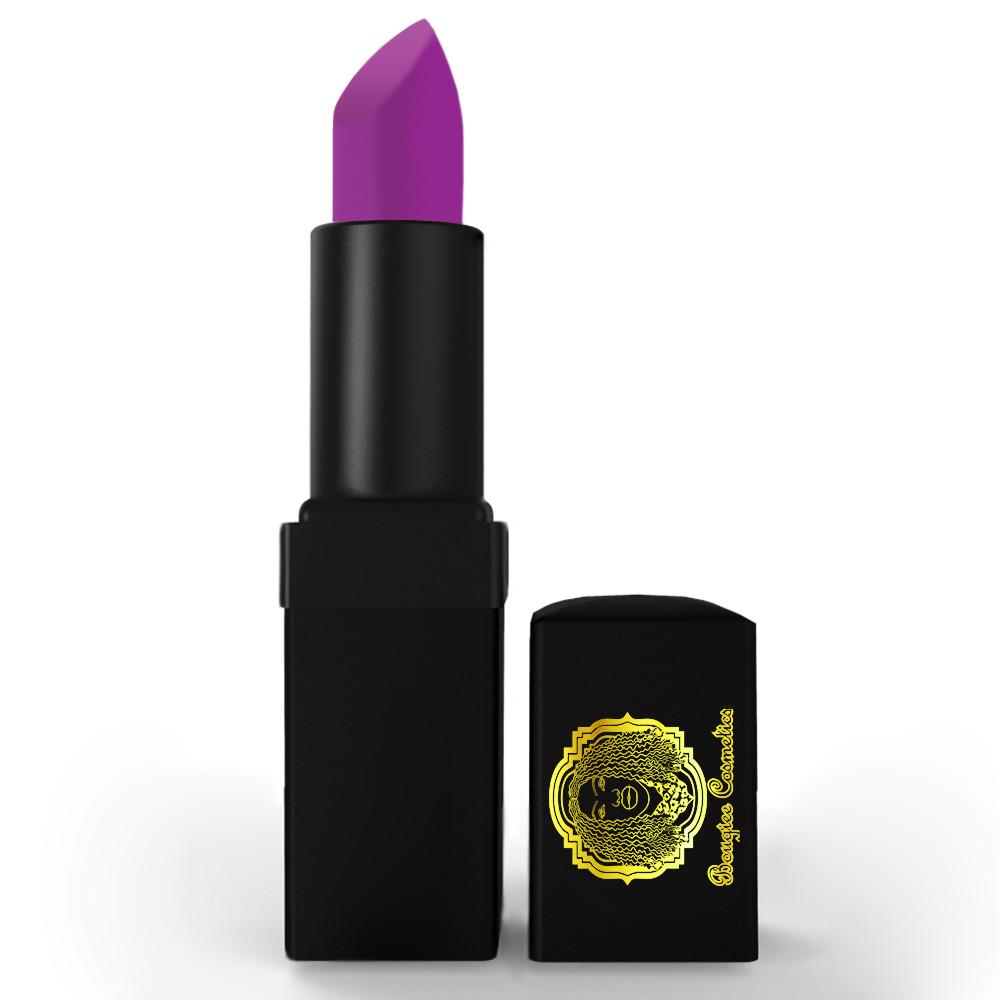 Instant Wow Lipstick in Bright Glowing Mulberry Purple with a matte finish, showcasing its vibrant color and sleek packaging.