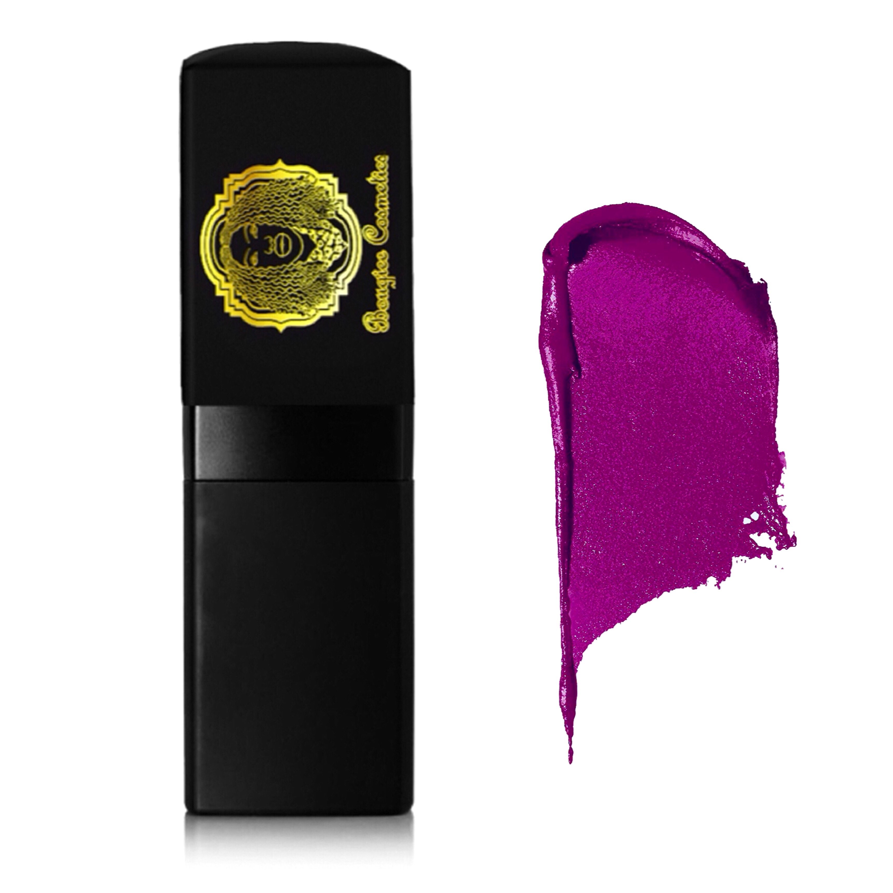 Instant Wow Lipstick in Bright Glowing Mulberry Purple with a matte finish, showcasing its vibrant color and sleek packaging.