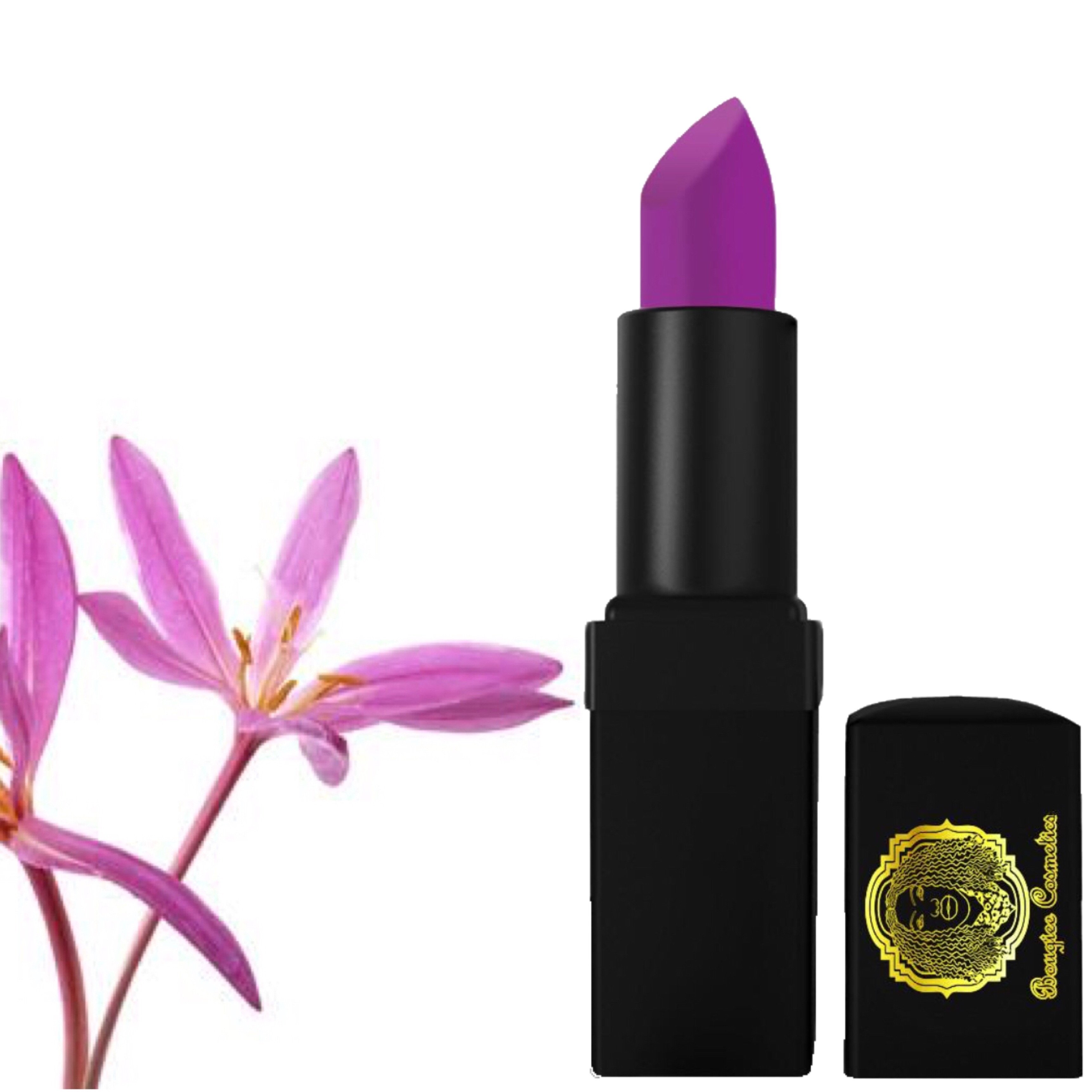 Instant Wow Lipstick in Bright Glowing Mulberry Purple with a matte finish, showcasing its vibrant color and sleek packaging.