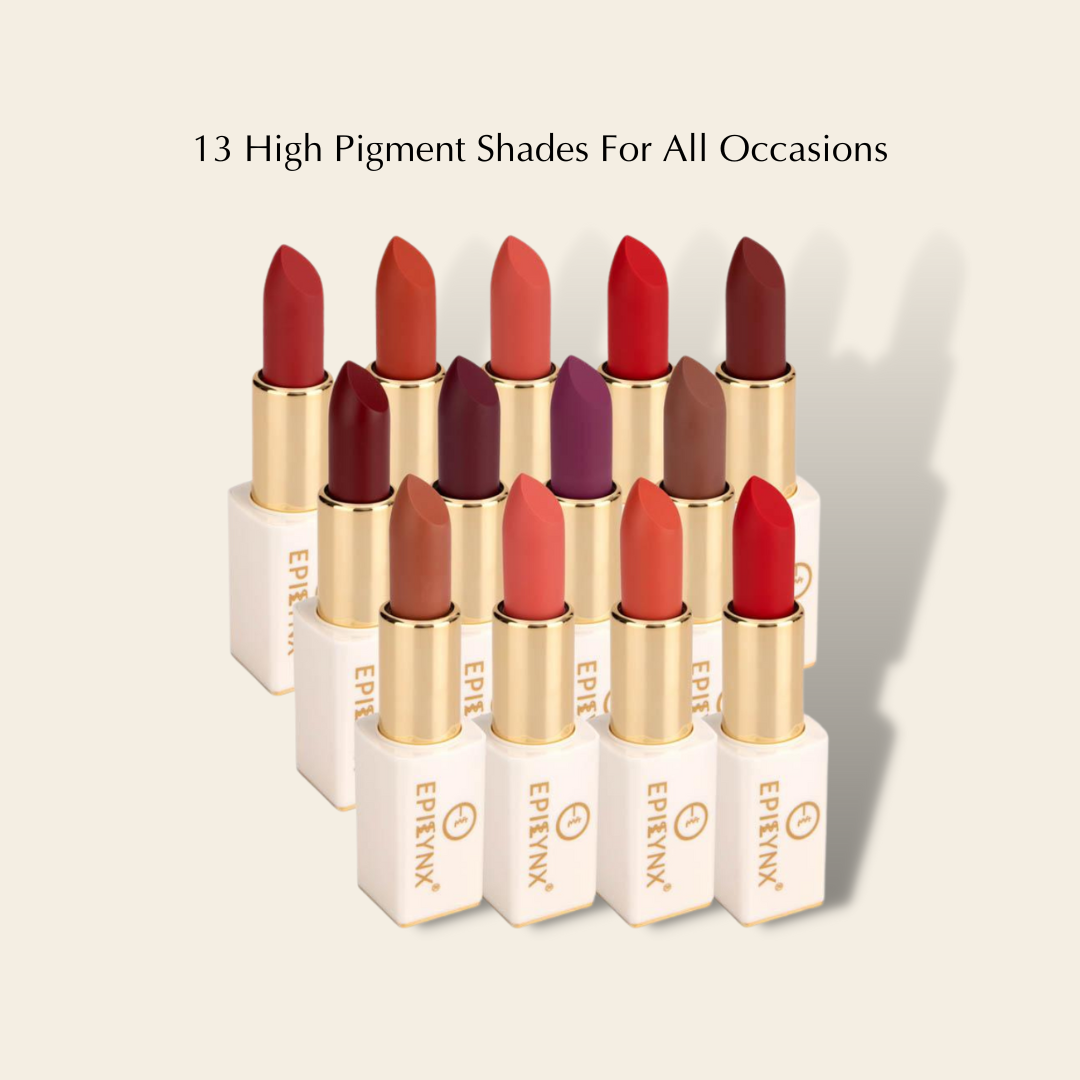 EpiLynx Intense Hydration Lipstick in various vibrant shades with a sleek magnetic packaging.