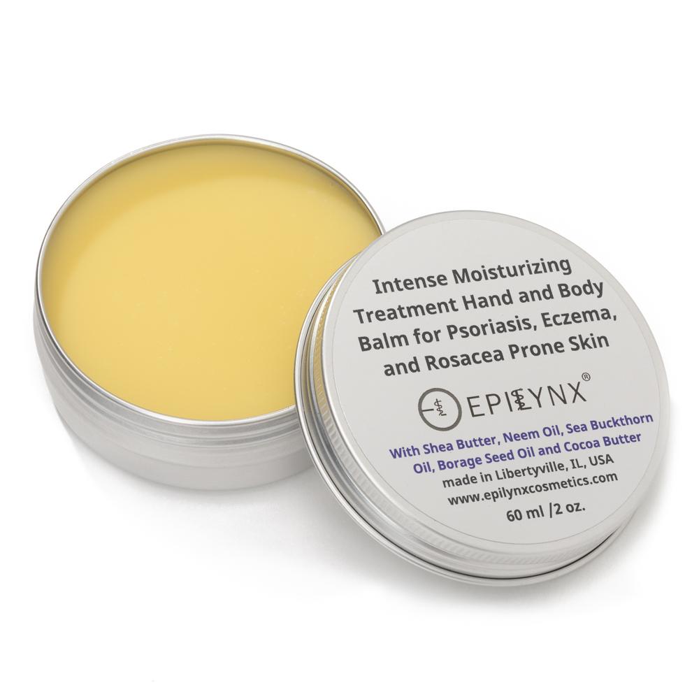 A tin of Intense Hydration Shea Butter Moisturizer showcasing its creamy texture and natural ingredients, ideal for dry skin.