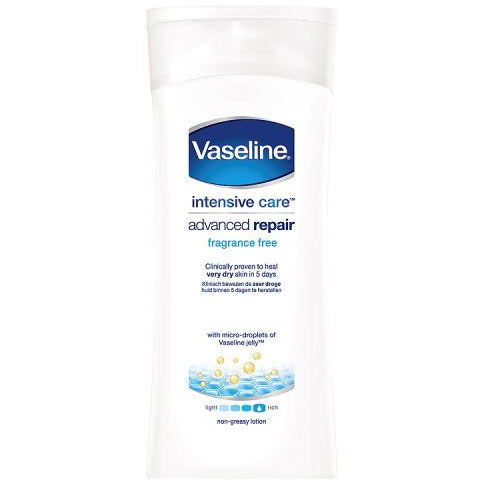 Vaseline Intensive Care Advanced Repair Body Lotion bottle with a pump, showcasing its moisturizing properties.