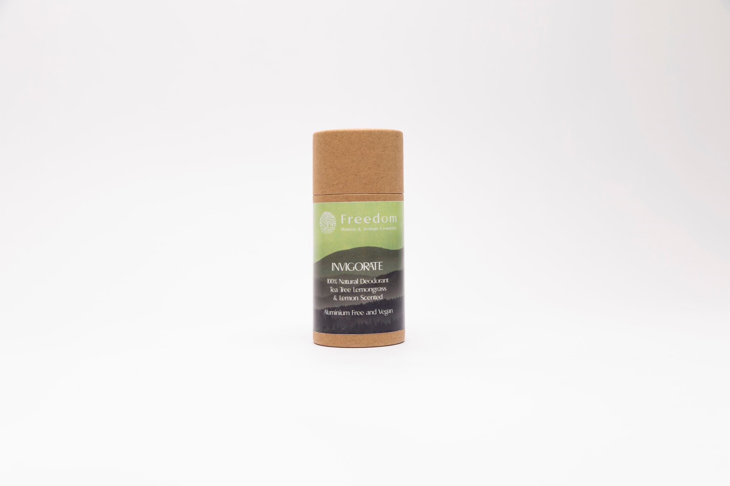 Invigorate Natural Vegan Deodorant in a biodegradable cardboard tube, featuring a fresh Tea Tree, Lemongrass, and Lemon scent.