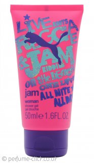 Puma Jam Woman Shower Gel bottle with vibrant packaging, showcasing its refreshing scent and hydrating properties.