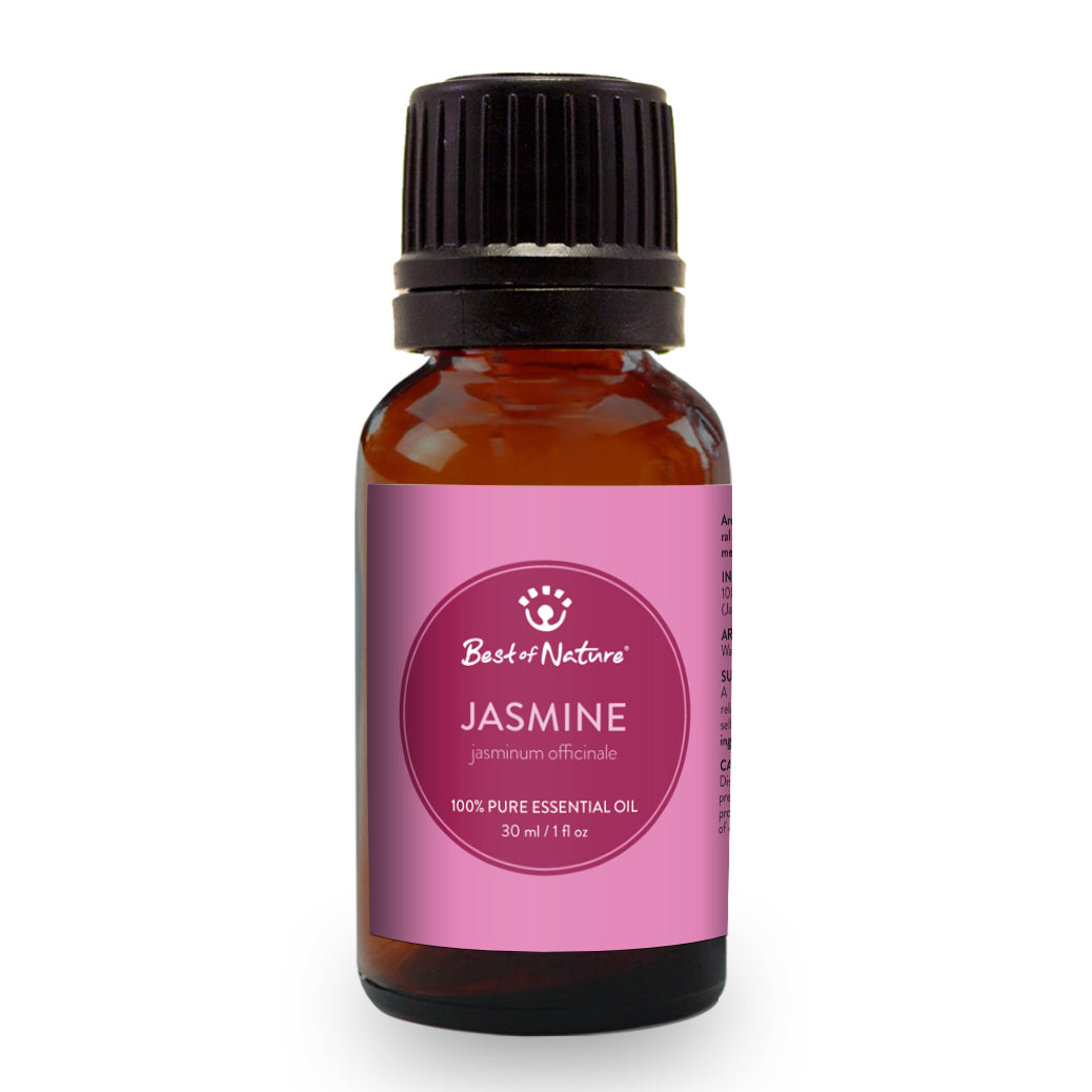 A bottle of Jasmine Absolute Essential Oil with a floral background, showcasing its rich and floral essence.