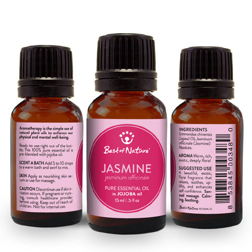 A bottle of Jasmine Absolute Essential Oil blended with Jojoba Oil, showcasing its rich floral essence and elegant packaging.