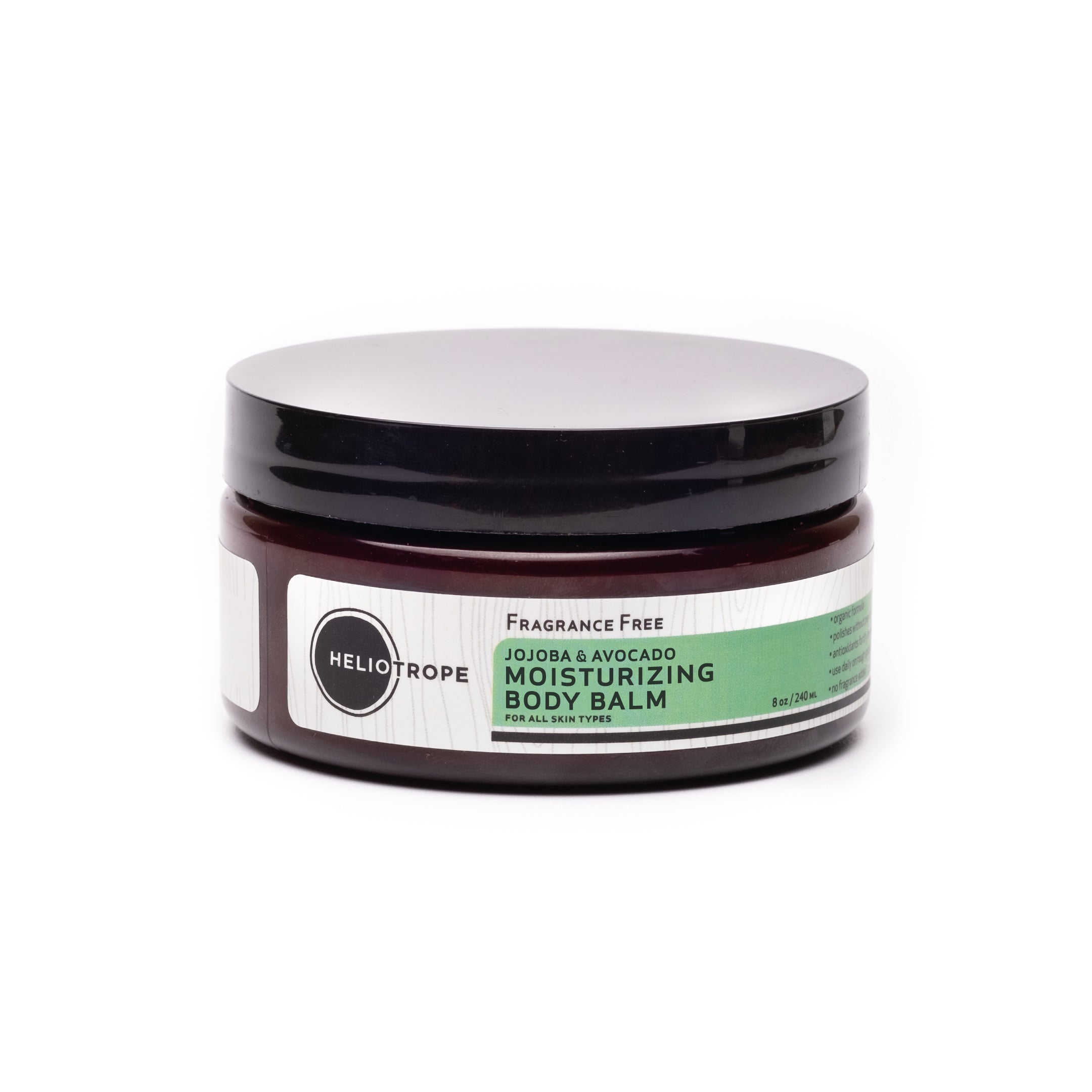 A jar of Jojoba & Avocado Body Balm showcasing its thick, creamy texture and organic ingredients.