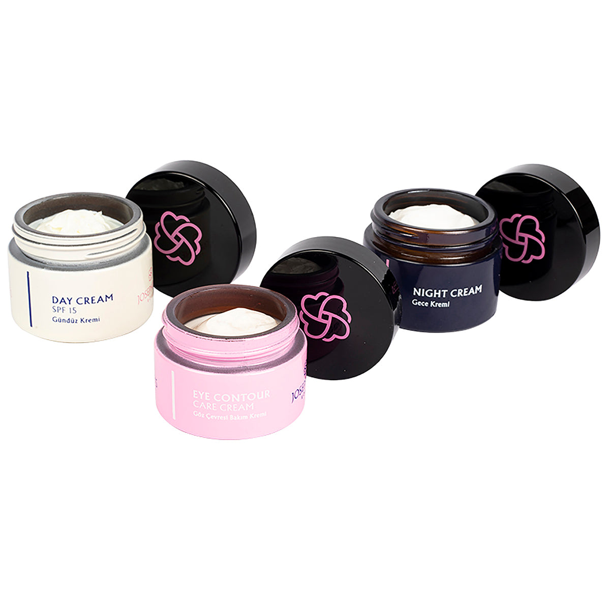 Josephine's Roses Gesichtscreme-Set mit Augenpflegecreme, Tagescreme und Nachtcreme in eleganter Verpackung.