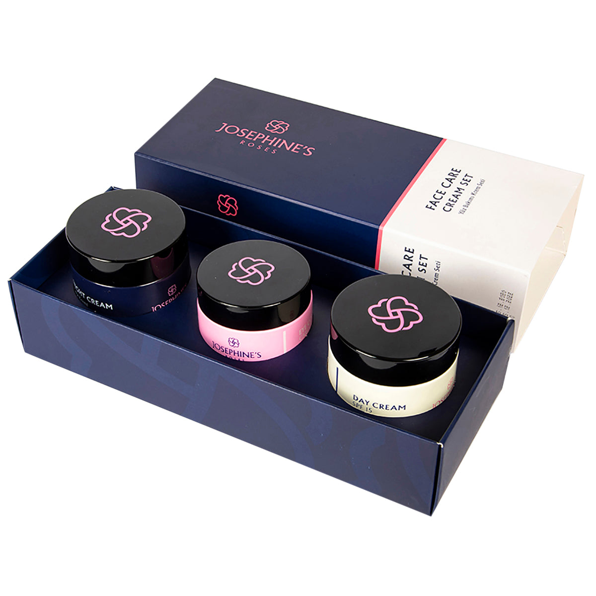 Josephine's Roses Gesichtscreme-Set mit Augenpflegecreme, Tagescreme und Nachtcreme in eleganter Verpackung.