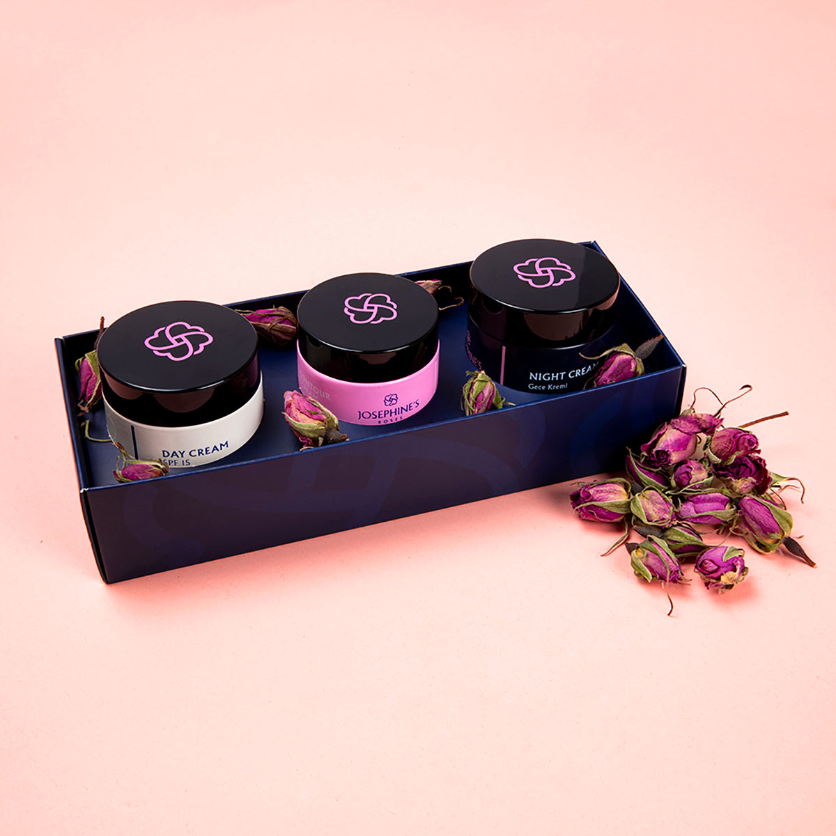 Josephine's Roses Gesichtscreme-Set mit Augenpflegecreme, Tagescreme und Nachtcreme in eleganter Verpackung.