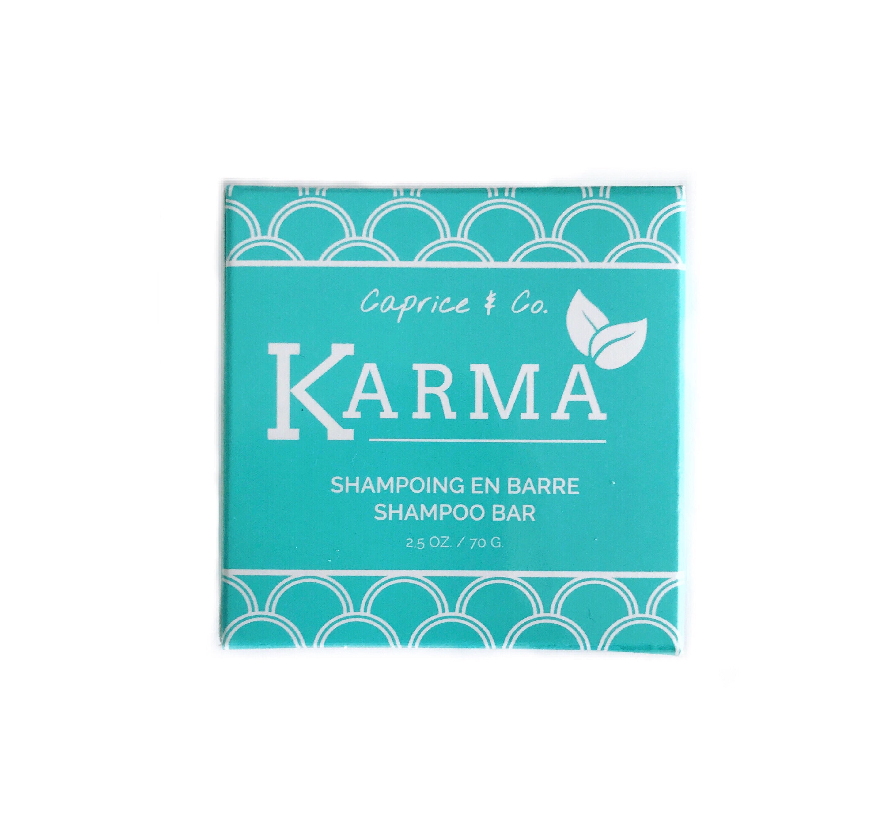 Karma Shampoo Bar made with organic ingredients, eco-friendly packaging, and a natural design, perfect for normal hair types.