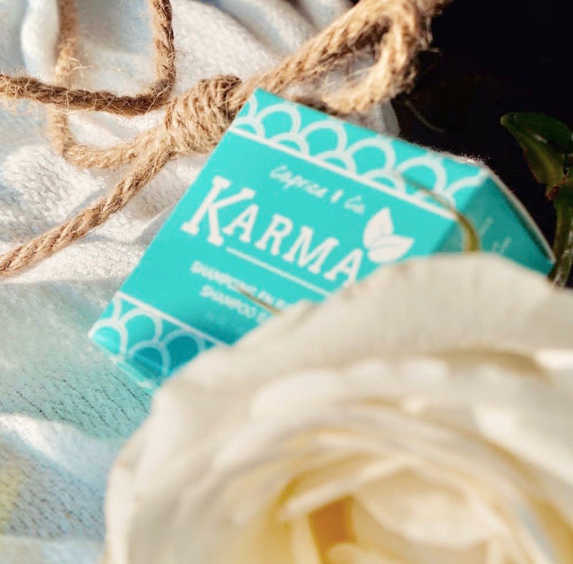 Karma Shampoo Bar made with organic ingredients, eco-friendly packaging, and a natural design, perfect for normal hair types.