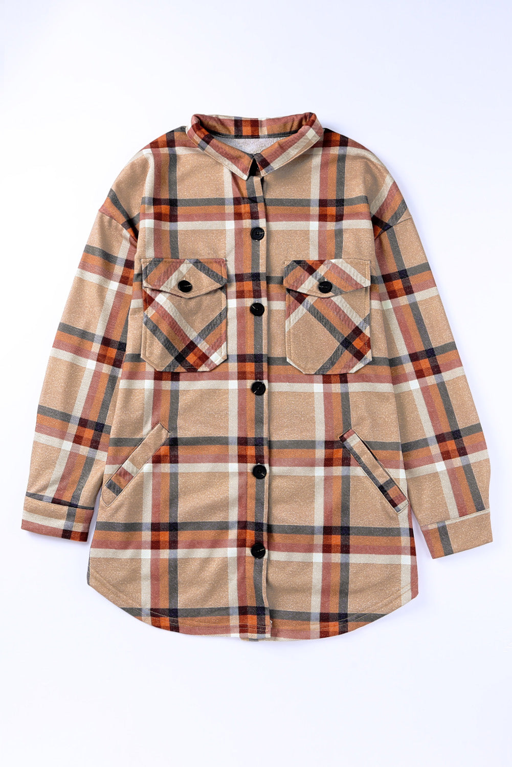 Khaki oversized plaid shacket with button closure and chest pockets, perfect for layering.