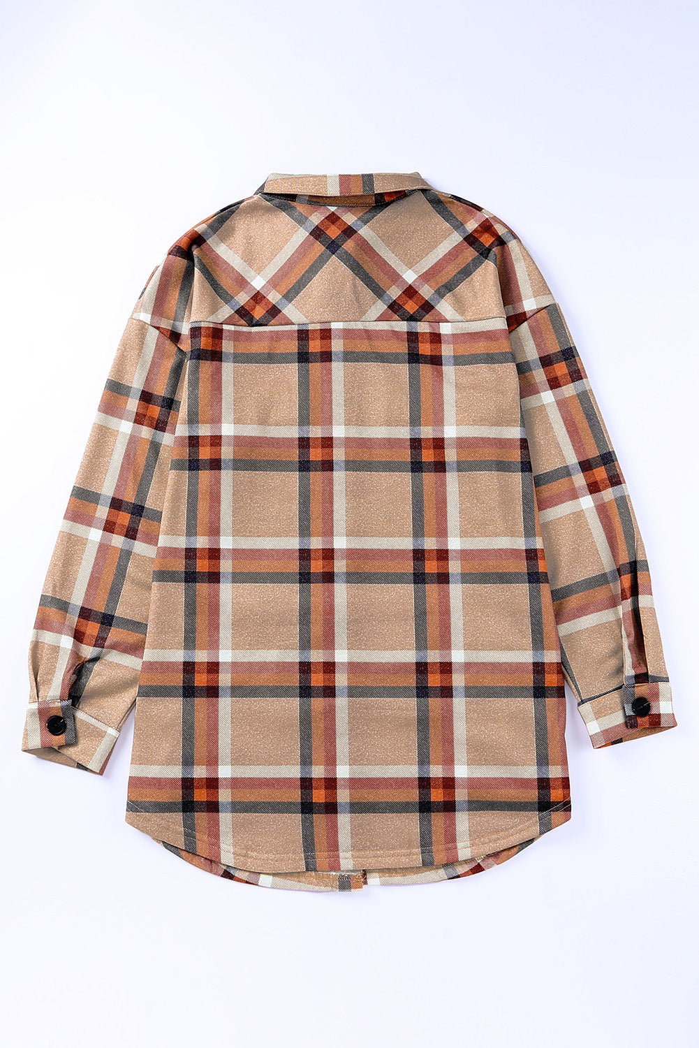 Khaki oversized plaid shacket with button closure and chest pockets, perfect for layering.