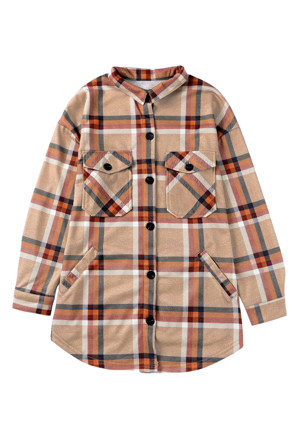 Khaki oversized plaid shacket with button closure and chest pockets, perfect for layering.