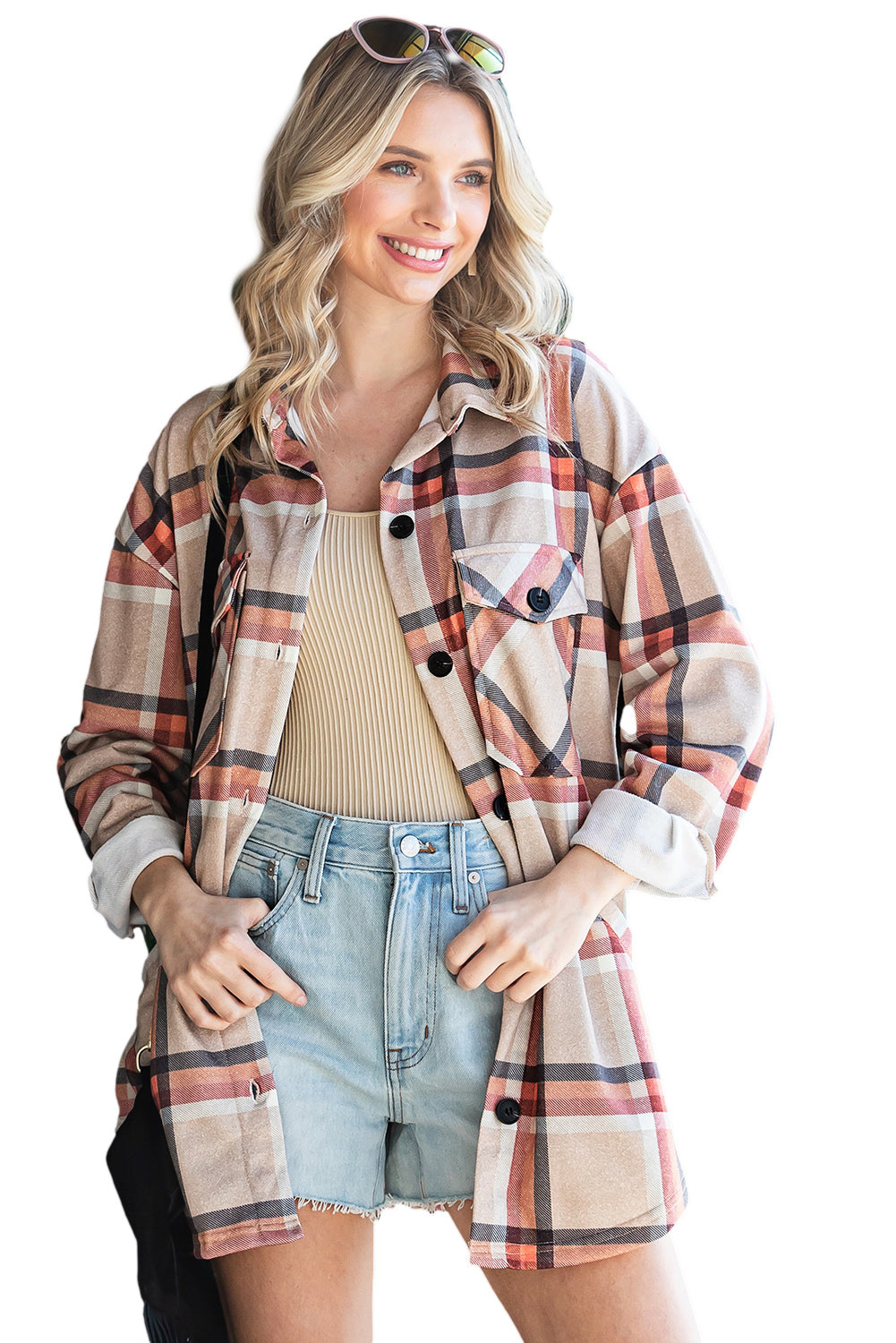 Khaki oversized plaid shacket with button closure and chest pockets, perfect for layering.