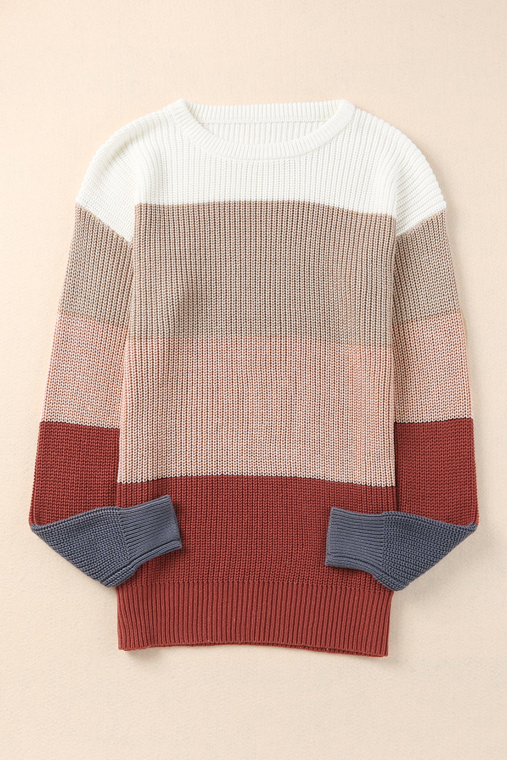 Khaki color block knitted pullover sweater with crew neck and long sleeves, showcasing a stylish design perfect for fall and winter.