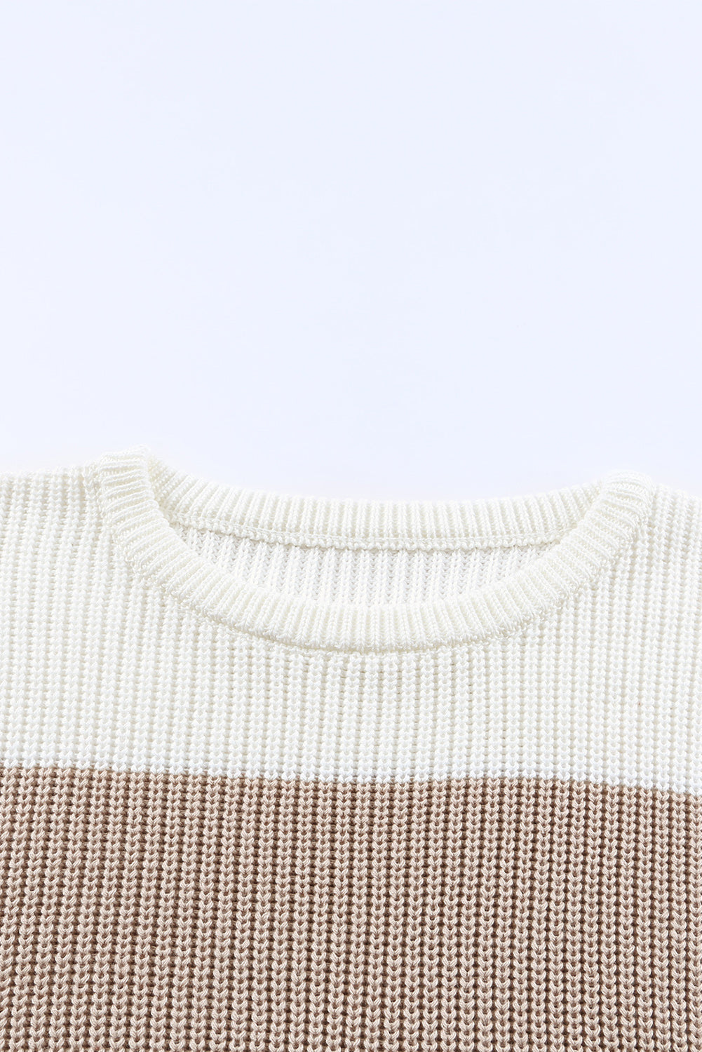 Khaki color block knitted pullover sweater with crew neck and long sleeves, showcasing a stylish design perfect for fall and winter.