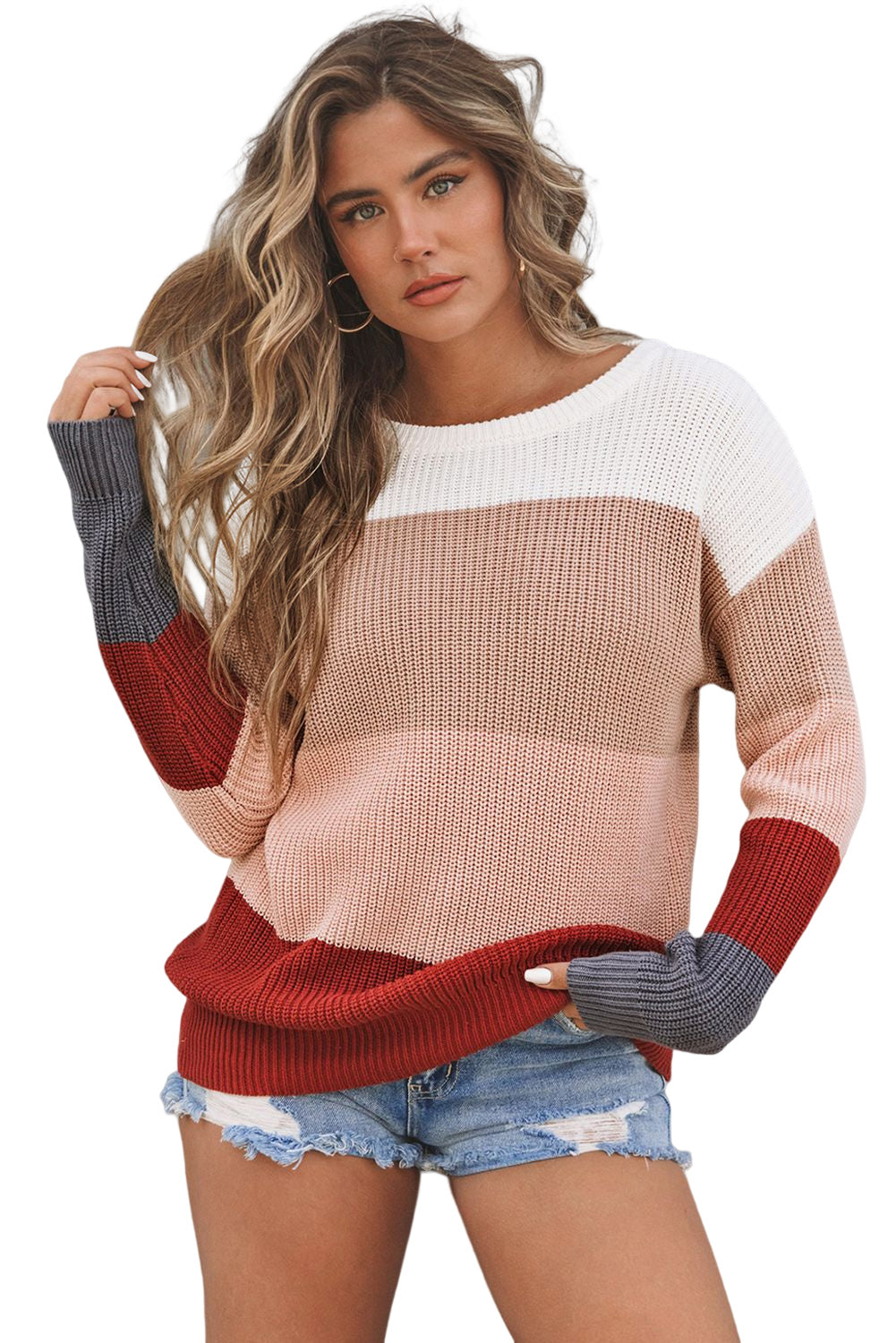 Khaki color block knitted pullover sweater with crew neck and long sleeves, showcasing a stylish design perfect for fall and winter.