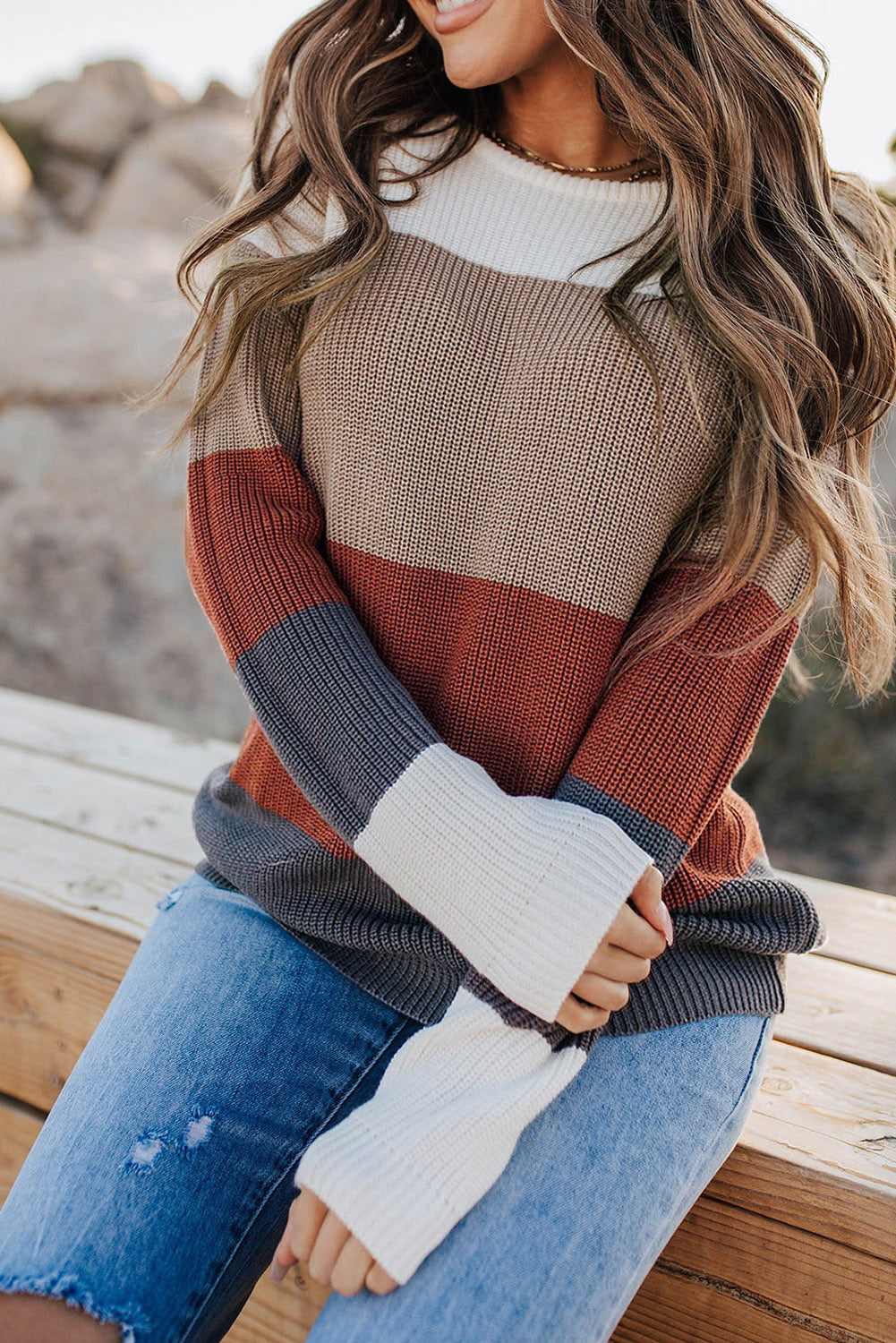 Khaki color block knitted pullover sweater with crew neck and long sleeves, showcasing a stylish design perfect for fall and winter.