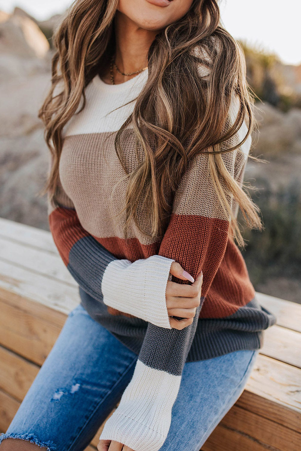 Khaki color block knitted pullover sweater with crew neck and long sleeves, showcasing a stylish design perfect for fall and winter.