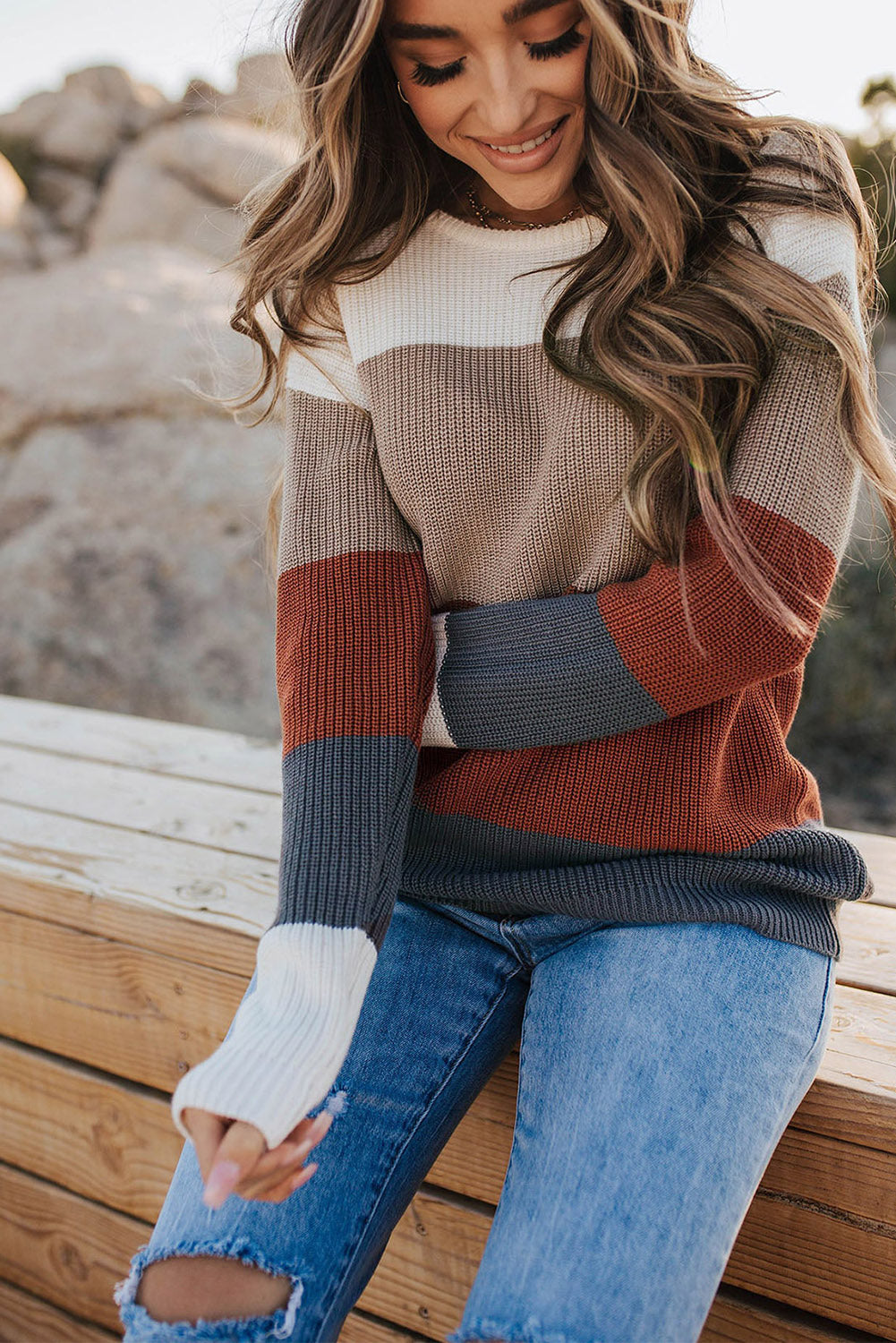 Khaki color block knitted pullover sweater with crew neck and long sleeves, showcasing a stylish design perfect for fall and winter.