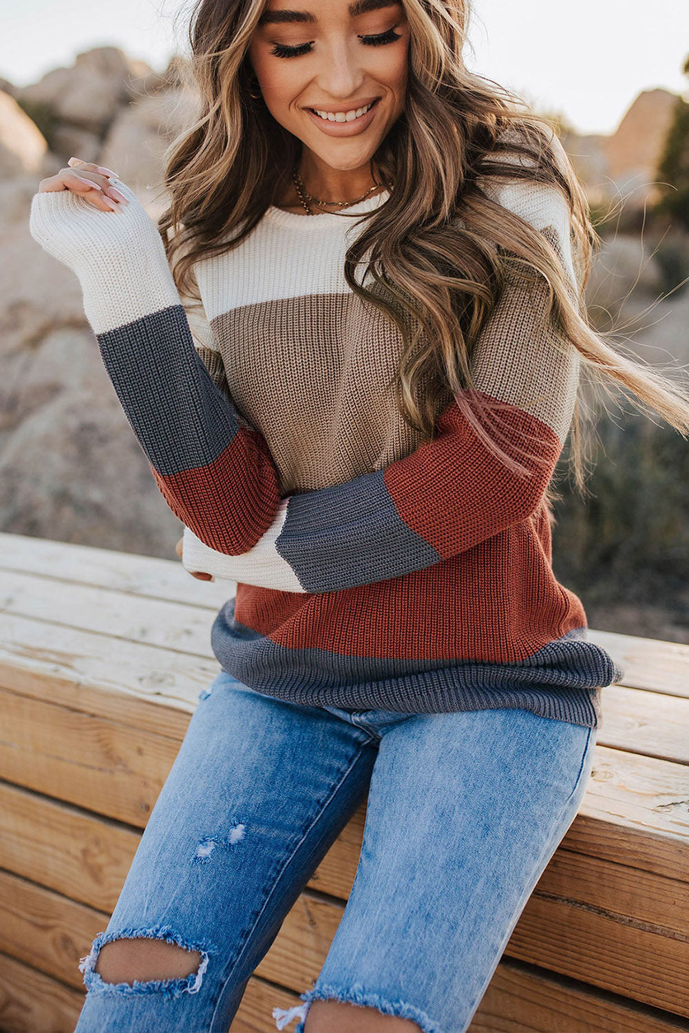 Khaki color block knitted pullover sweater with crew neck and long sleeves, showcasing a stylish design perfect for fall and winter.