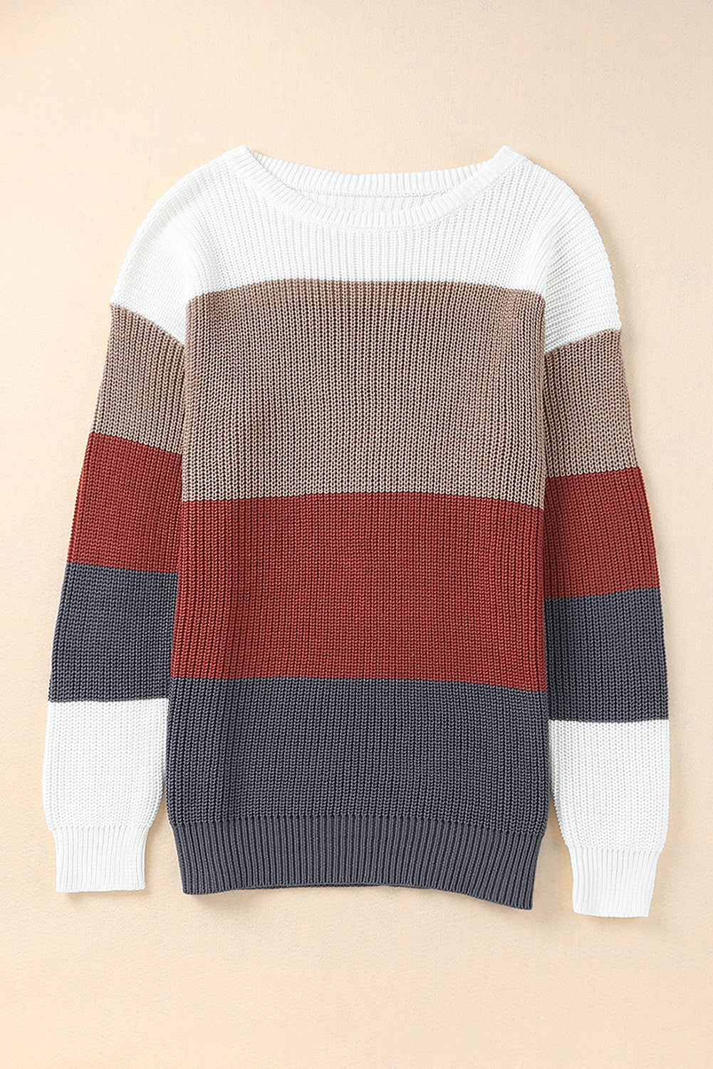 Khaki color block knitted pullover sweater with crew neck and long sleeves, showcasing a stylish design perfect for fall and winter.