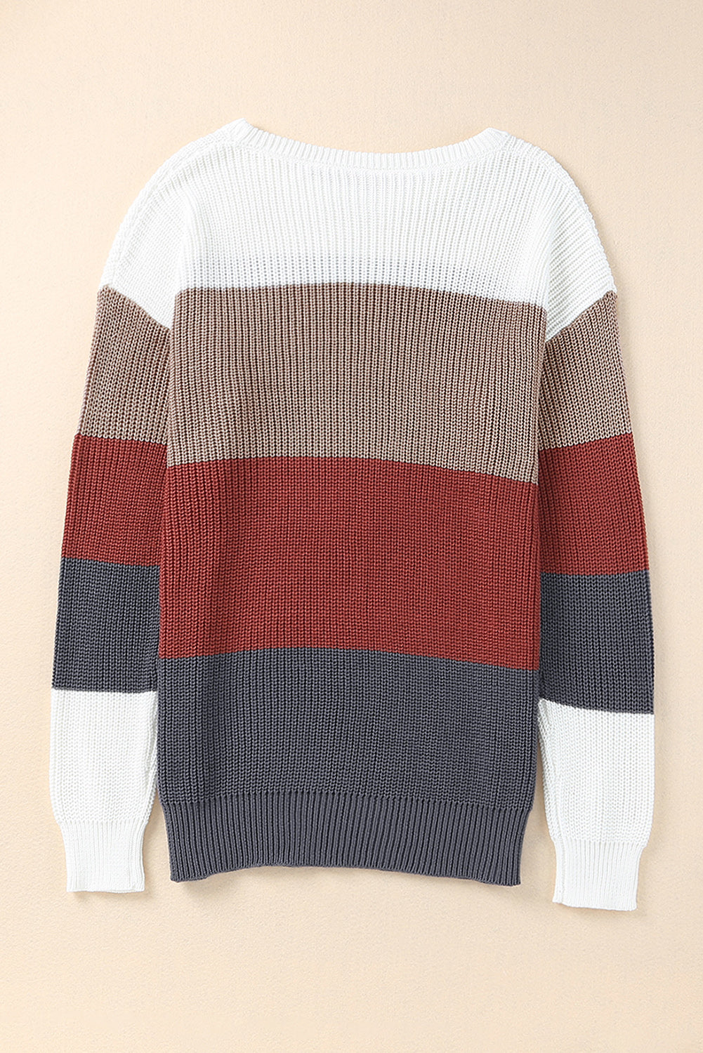 Khaki color block knitted pullover sweater with crew neck and long sleeves, showcasing a stylish design perfect for fall and winter.