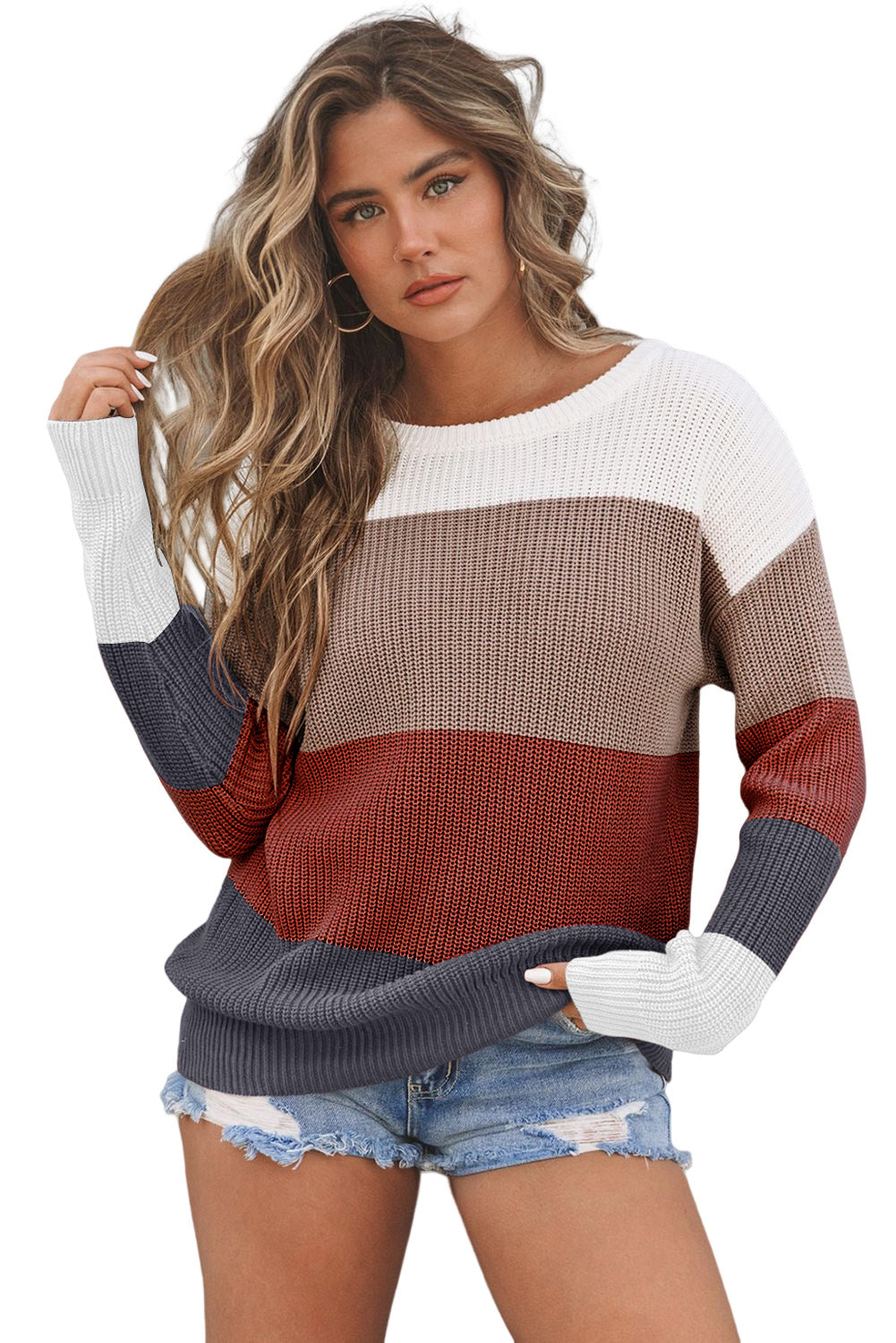 Khaki color block knitted pullover sweater with crew neck and long sleeves, showcasing a stylish design perfect for fall and winter.