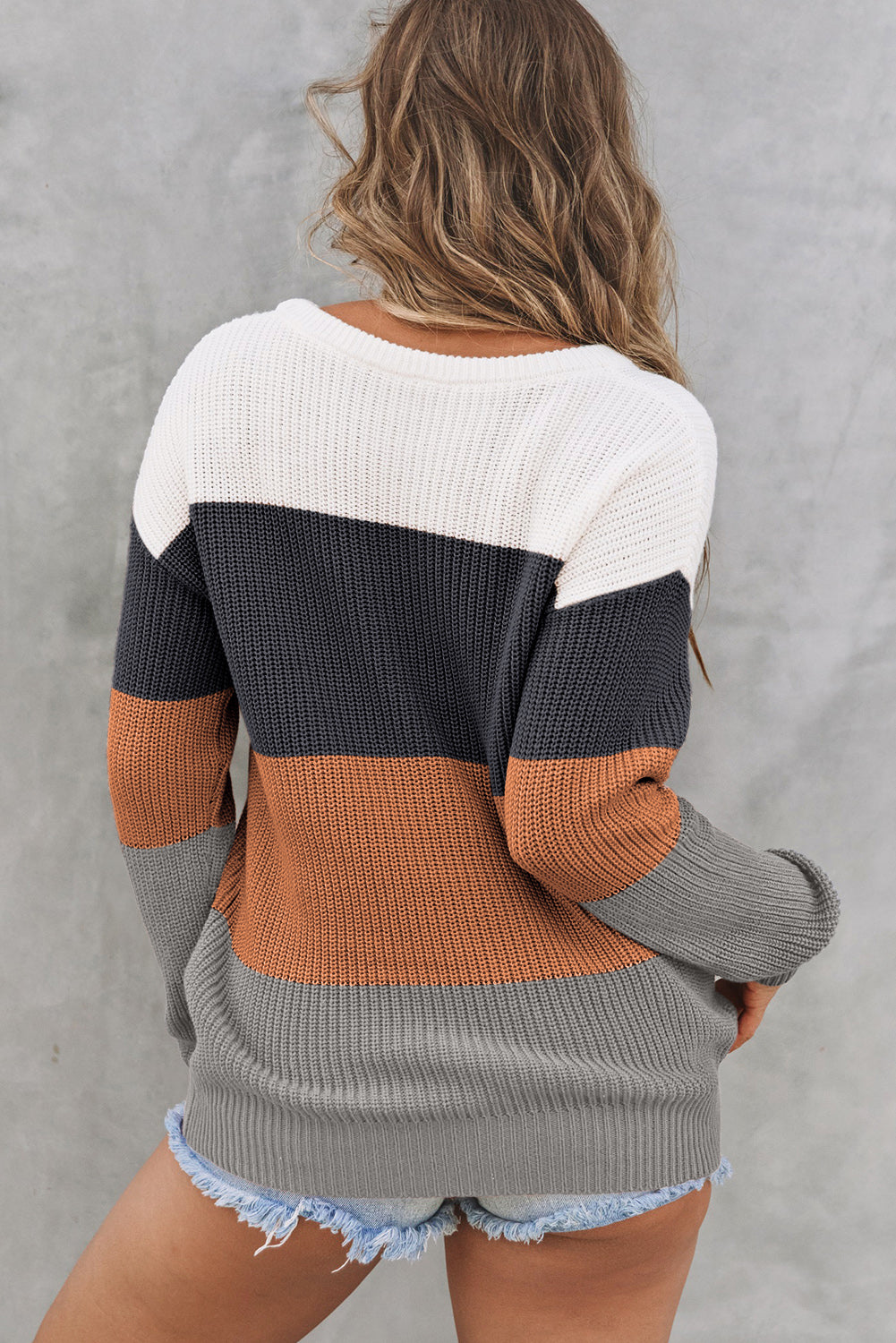 Khaki color block knitted pullover sweater with crew neck and long sleeves, showcasing a stylish design perfect for fall and winter.