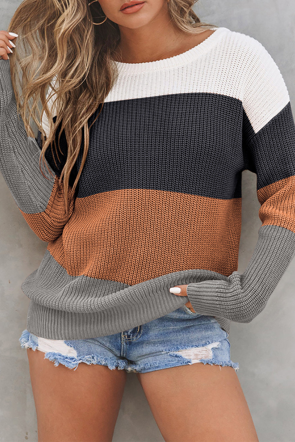 Khaki color block knitted pullover sweater with crew neck and long sleeves, showcasing a stylish design perfect for fall and winter.