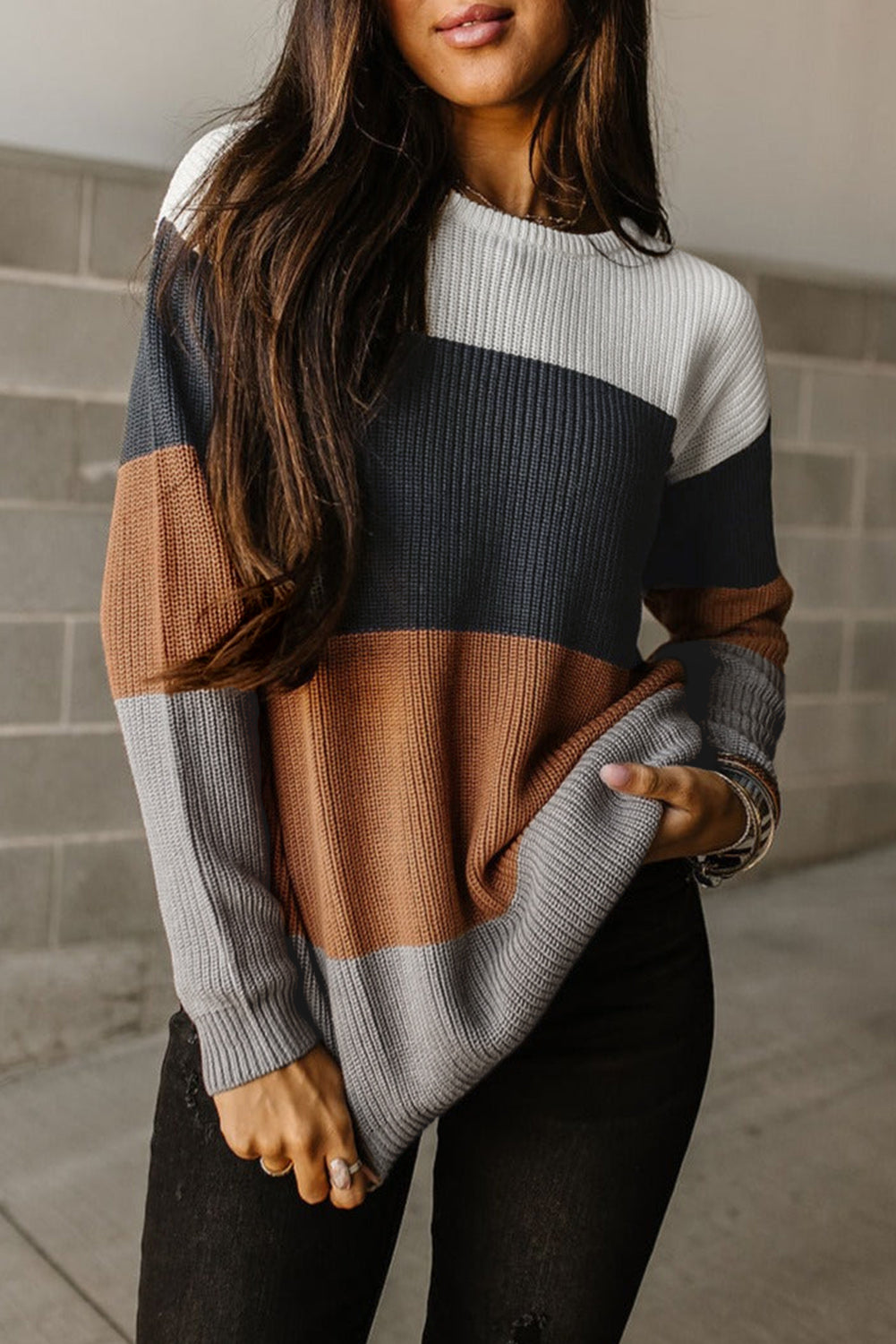 Khaki color block knitted pullover sweater with crew neck and long sleeves, showcasing a stylish design perfect for fall and winter.