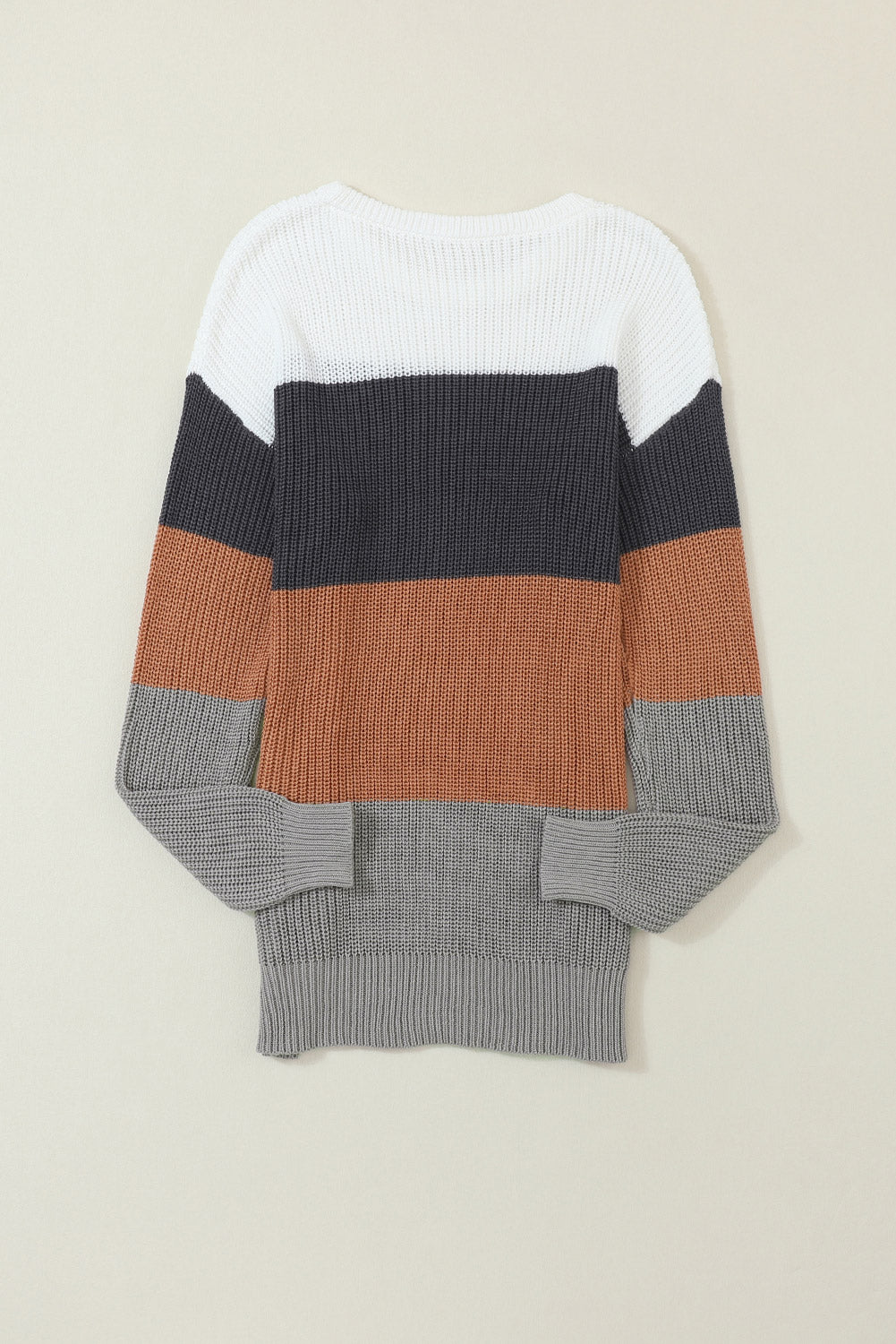 Khaki color block knitted pullover sweater with crew neck and long sleeves, showcasing a stylish design perfect for fall and winter.